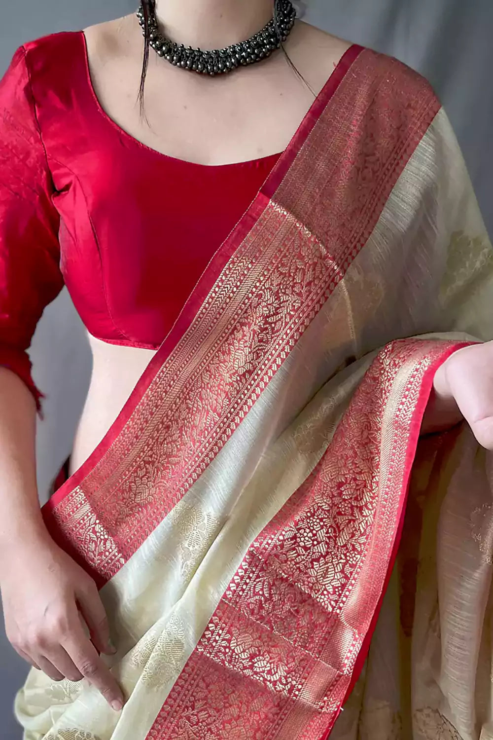 Cream Soft Linen Weaving Saree