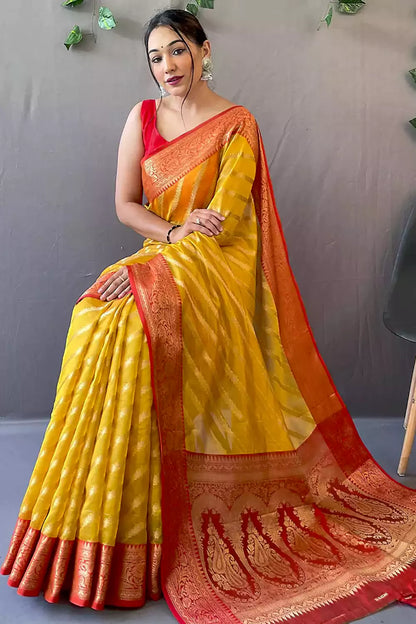 Yellow Pure Organza Saree With Leheriya Weaving Work