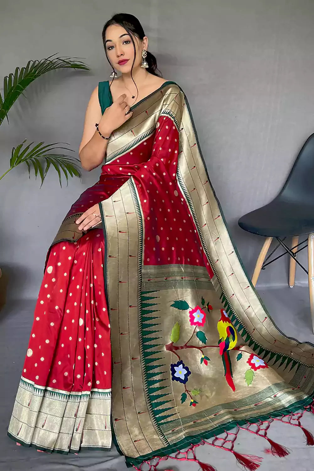 Dark Red Pure Paithani Silk Saree With Zari Weaving Work