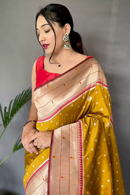 Mustard Yellow Pure Paithani Silk Saree With Zari Weaving Work
