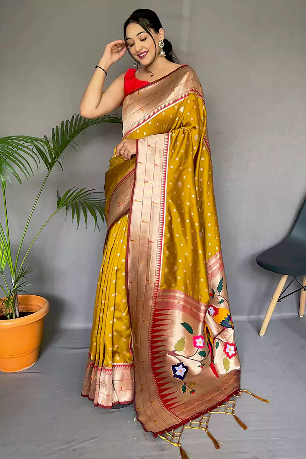 Mustard Yellow Pure Paithani Silk Saree With Zari Weaving Work