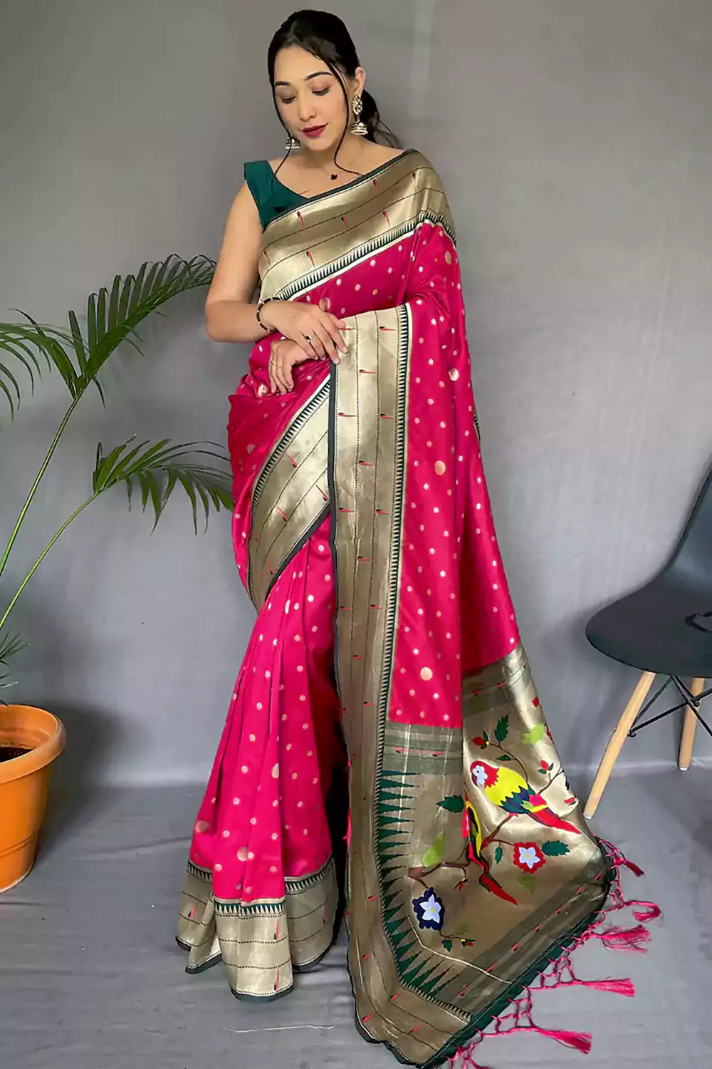 Pink Pure Paithani Silk Saree With Weaving Work