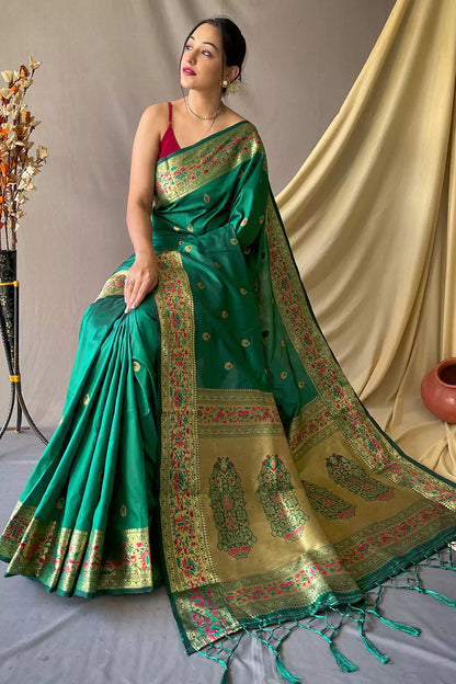 Pine Green Pathani Silk Saree With Zari Weaving