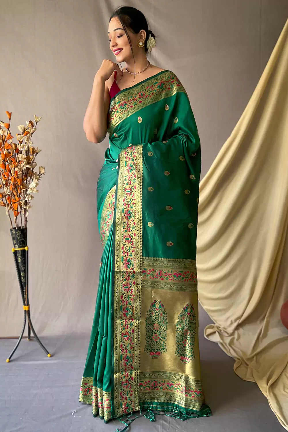 Pine Green Pathani Silk Saree With Zari Weaving