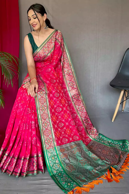 Pink Pure Patola Silk Saree With Weaving Work