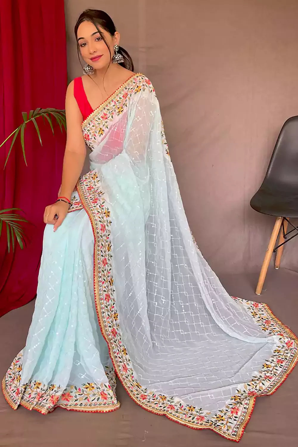 Baby Blue Pure Georgette Saree With All Over Sequence Work