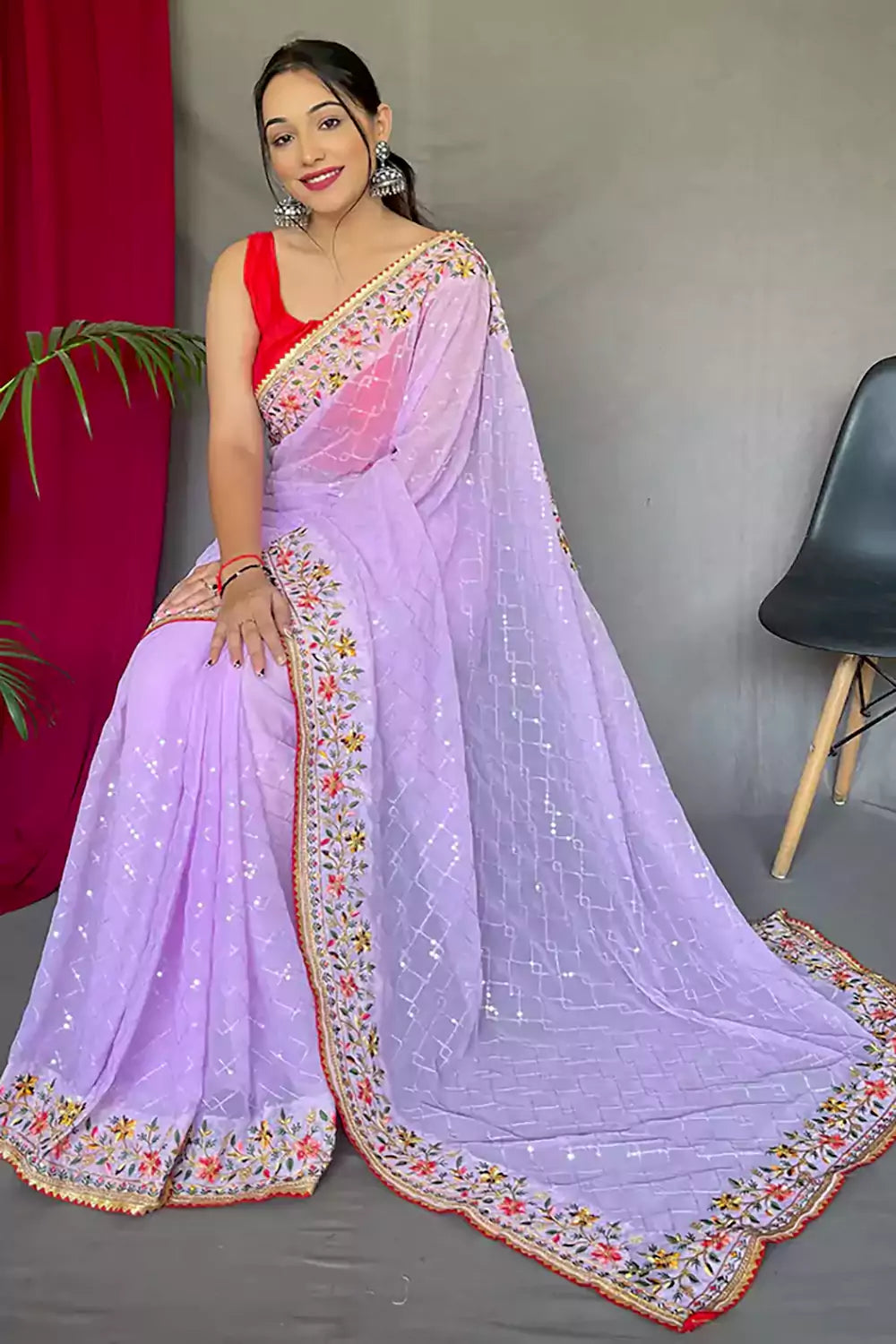 Lavender Pure Georgette Saree With All Over Sequence Work