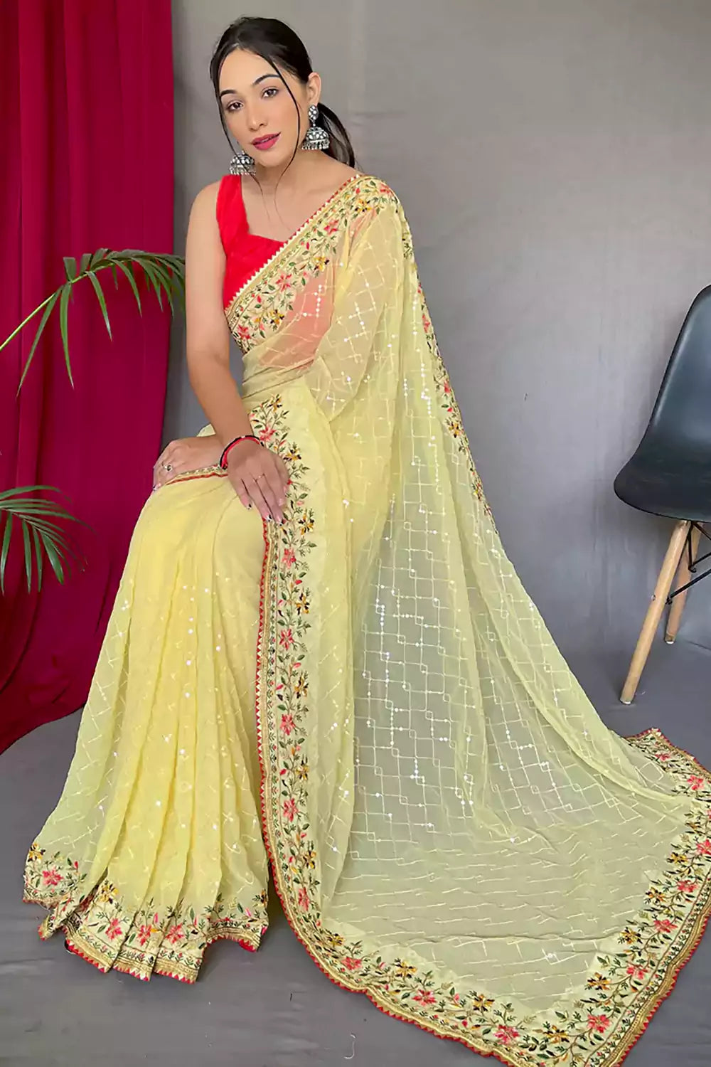 Yellow Pure Georgette Saree With All Over Sequence