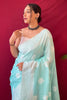 Pastel Teal Lucknowi Based Pure linen Weaving Saree