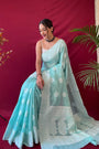 Pastel Blue Lucknowi Based Pure linen Weaving Saree