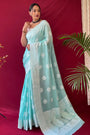 Pastel Teal Lucknowi Based Pure linen Weaving Saree