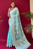 Pastel Teal Lucknowi Based Pure linen Weaving Saree