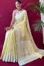 Pastel Yellow Lucknowi Based Pure linen Weaving Saree