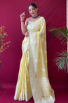 Pastel Yellow Lucknowi Based Pure linen Weaving Saree