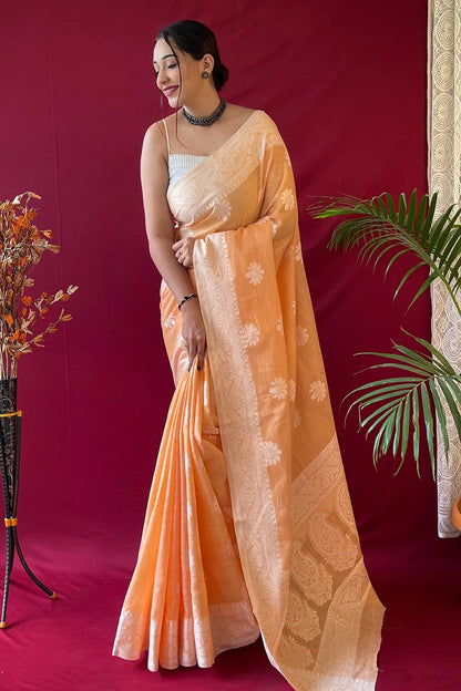Pastel Orange Lucknowi Based Pure linen Weaving Saree