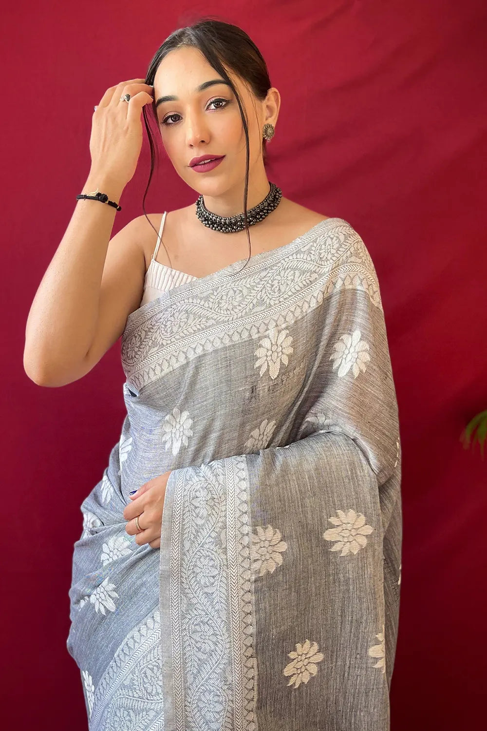 Pastel Gray Lucknowi Based Pure Linen Weaving Saree