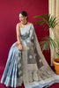 Pastel Gray Lucknowi Based Pure linen Weaving Saree