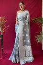Pastel Gray Lucknowi Based Pure linen Weaving Saree