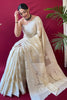 Pastel Beige Lucknowi Based Pure linen Weaving Saree