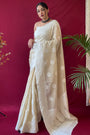 Pastel Beige Lucknowi Based Pure linen Weaving Saree