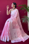 Pastel Pink Lucknowi Based Pure linen Weaving Saree