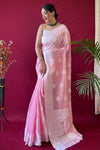 Pastel Pink Lucknowi Based Pure linen Weaving Saree