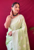Pastel Green Lucknowi Based Pure linen Weaving Saree