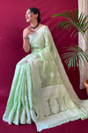 Pastel Green Lucknowi Based Pure linen Weaving Saree