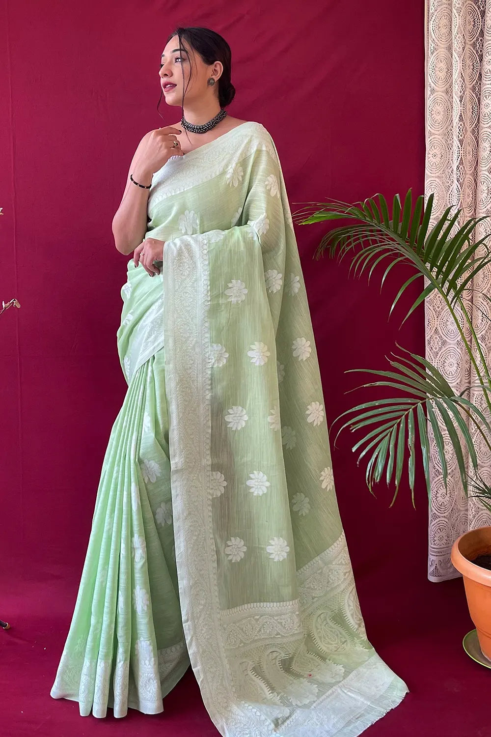 Pastel Green Lucknowi Based Pure linen Weaving Saree