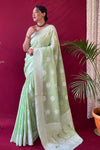 Pastel Green Lucknowi Based Pure linen Weaving Saree