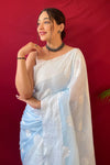 Pastel Blue Lucknowi Based Pure Linen Weaving Saree