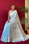Pastel Blue Lucknowi Based Pure linen Weaving Saree