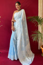 Pastel Blue Lucknowi Based Pure linen Weaving Saree