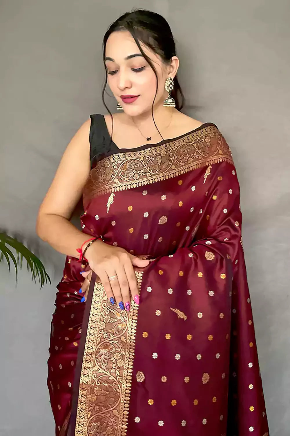 Maroon Soft Silk Saree With Weaving Work