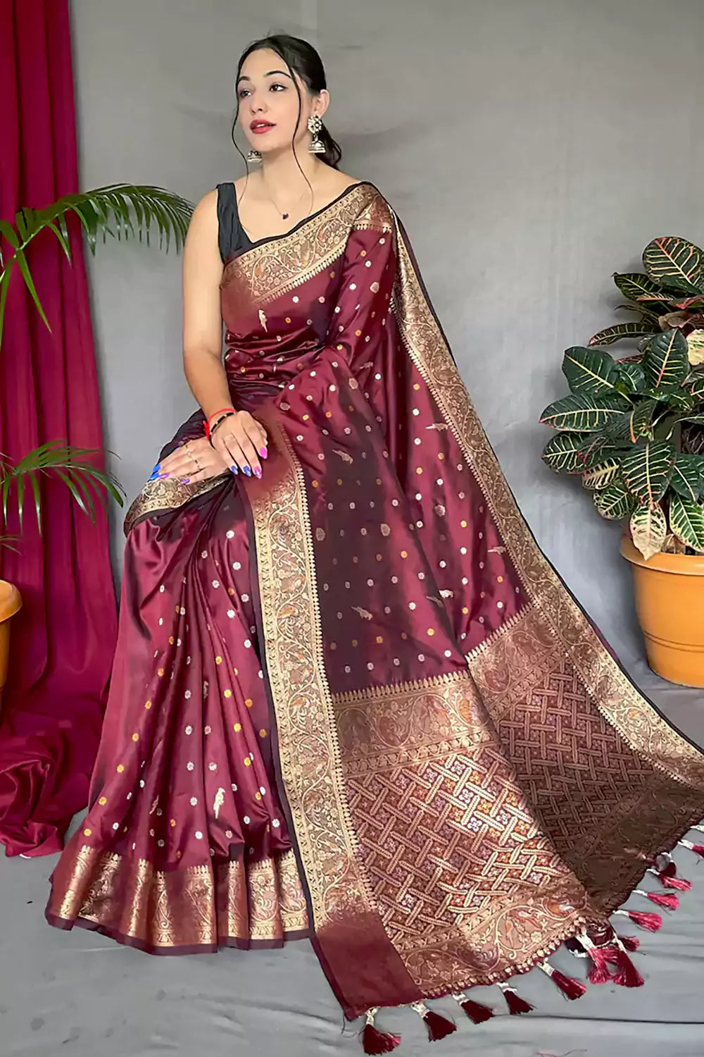 Maroon Soft Silk Saree With Weaving Work