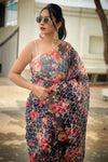 Black Organza With Chainstich Digital Printed Saree