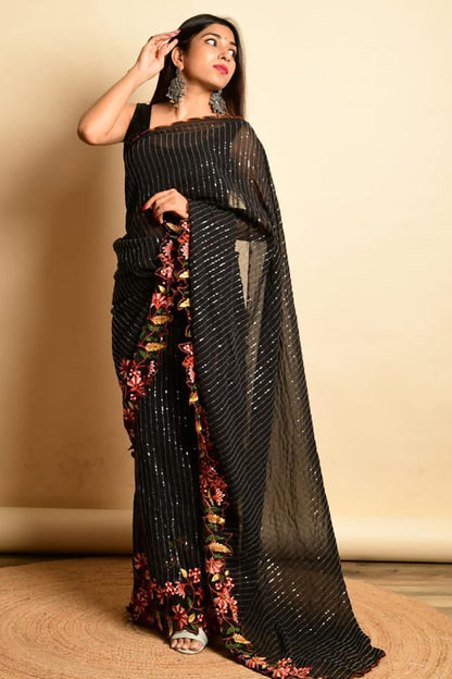 Black Georgett Silk With Sequence  Embroidery Work Saree