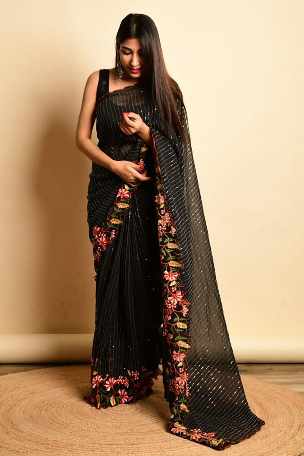 Black Georgett Silk With Sequence  Embroidery Work Saree