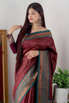 Maroon Lichi Silk Saree With Copper Zari Weaving