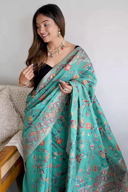 Sea Green Kashmiri Silk Saree With Zari Weaving