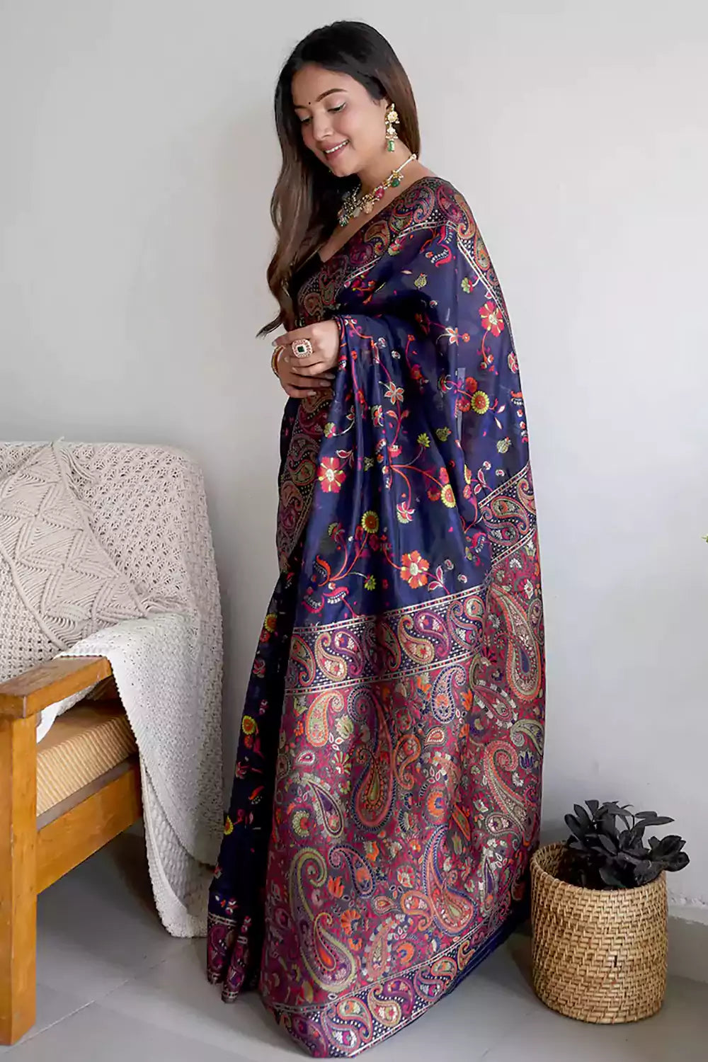 Navy Blue Kashmiri Silk Saree With Zari Weaving