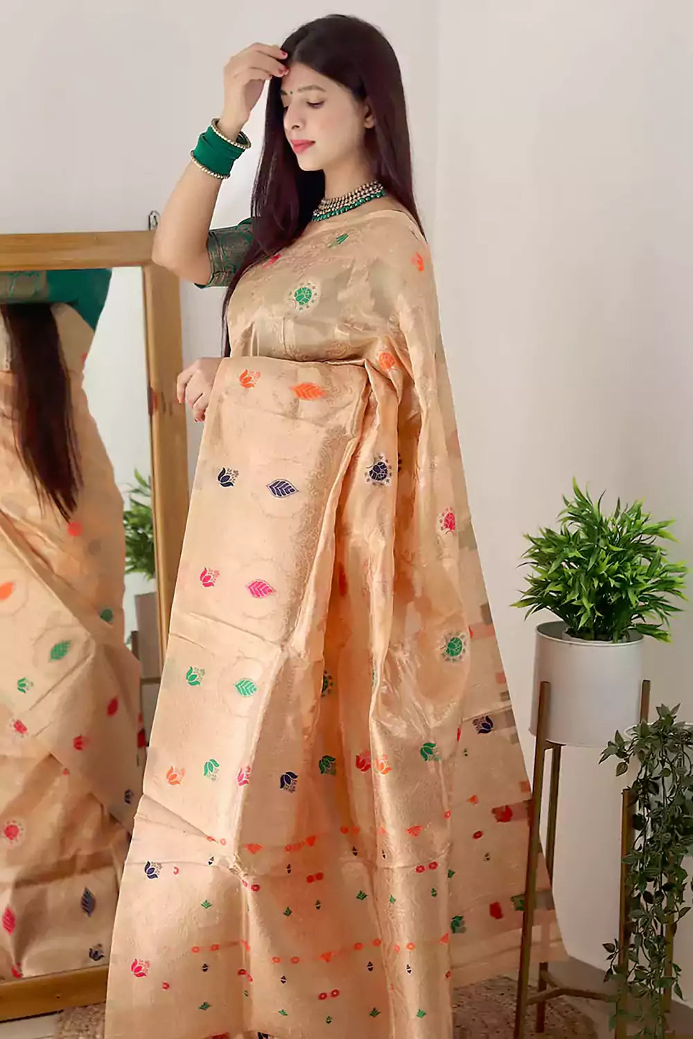 Light Orange Organza Saree With Zari Weaving
