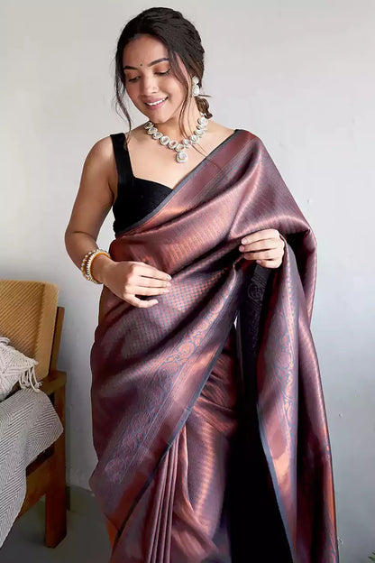 Wine Color Soft Kangivaram Silk Saree With Copper Zari Weaving