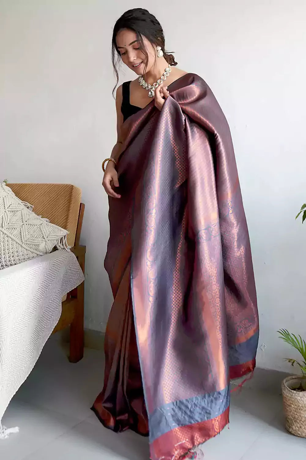 Wine Color Soft Kangivaram Silk Saree With Copper Zari Weaving