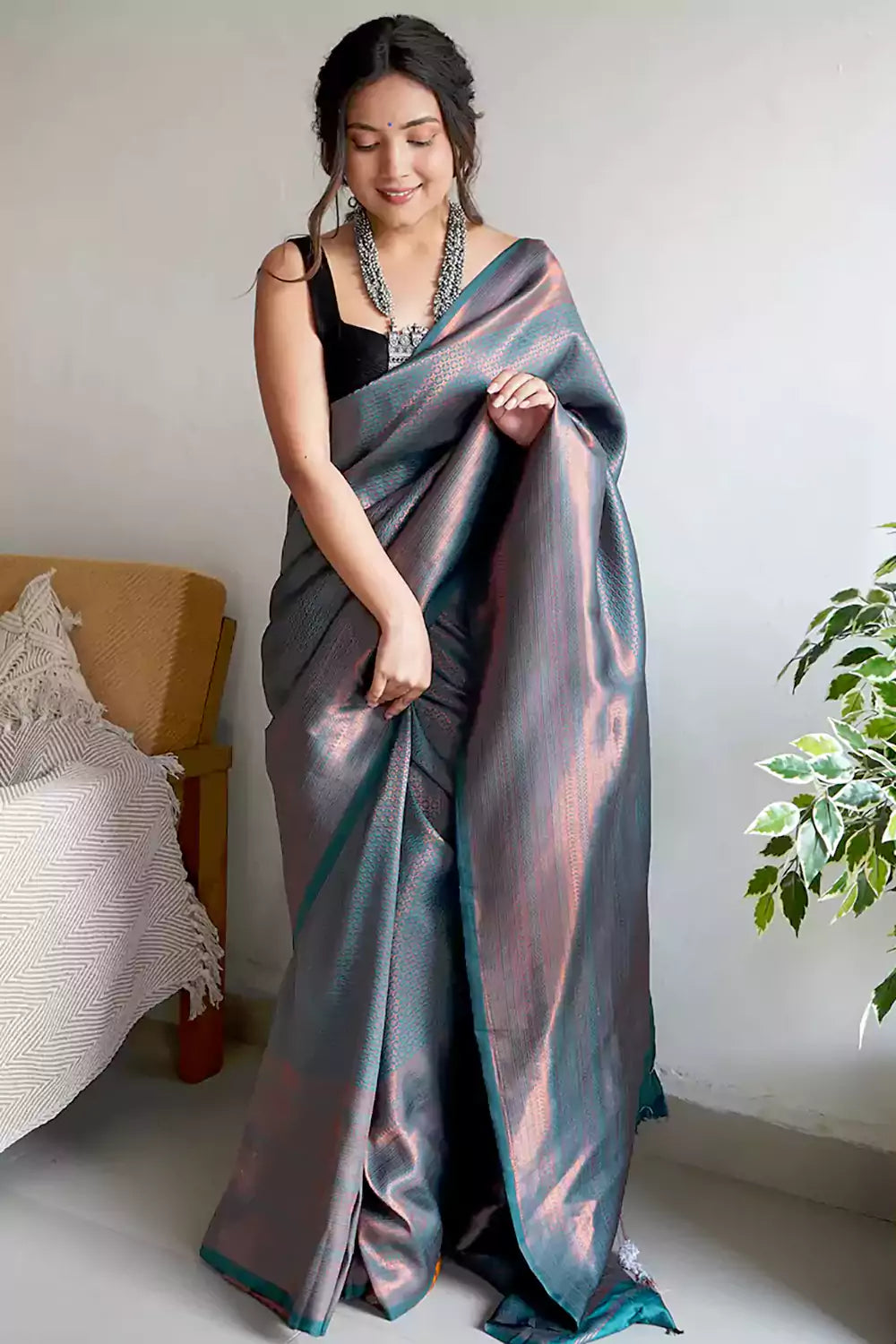Teal Green Soft Silk Saree With Copper Zari Weaving