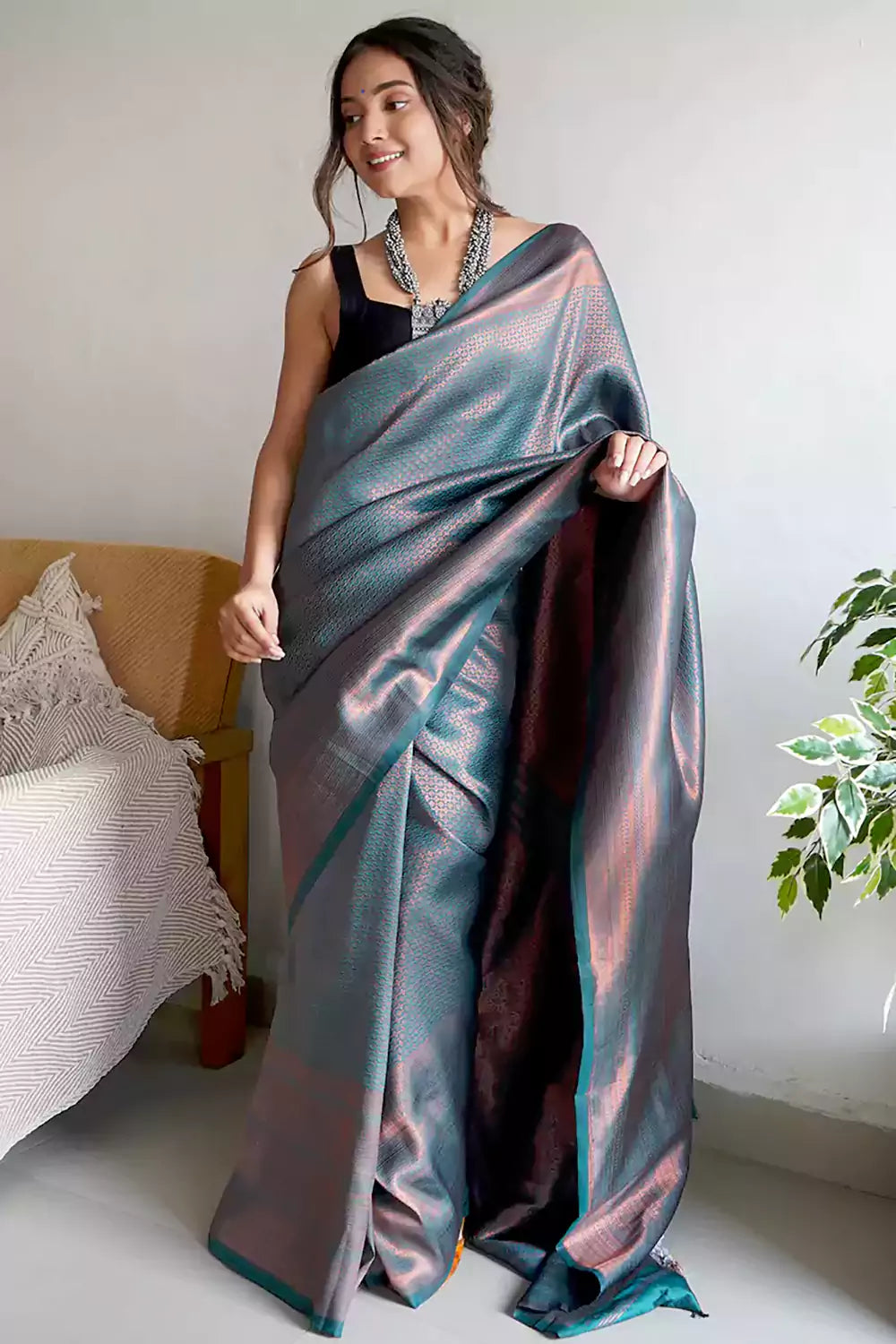 Teal Green Soft Silk Saree With Copper Zari Weaving