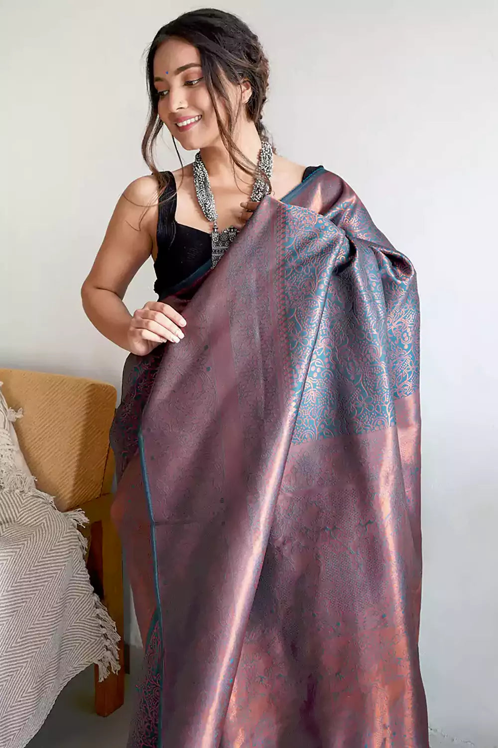 Rama Green Soft Silk Saree With Copper Zari Weaving