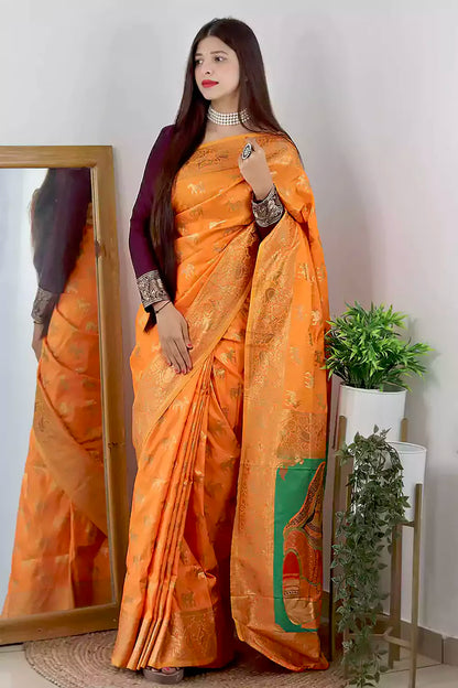 Orange Soft Silk Saree With Zari Weaving