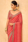 Strawberry Pink Georgette Bandhani Saree With Embroidery Work Blouse