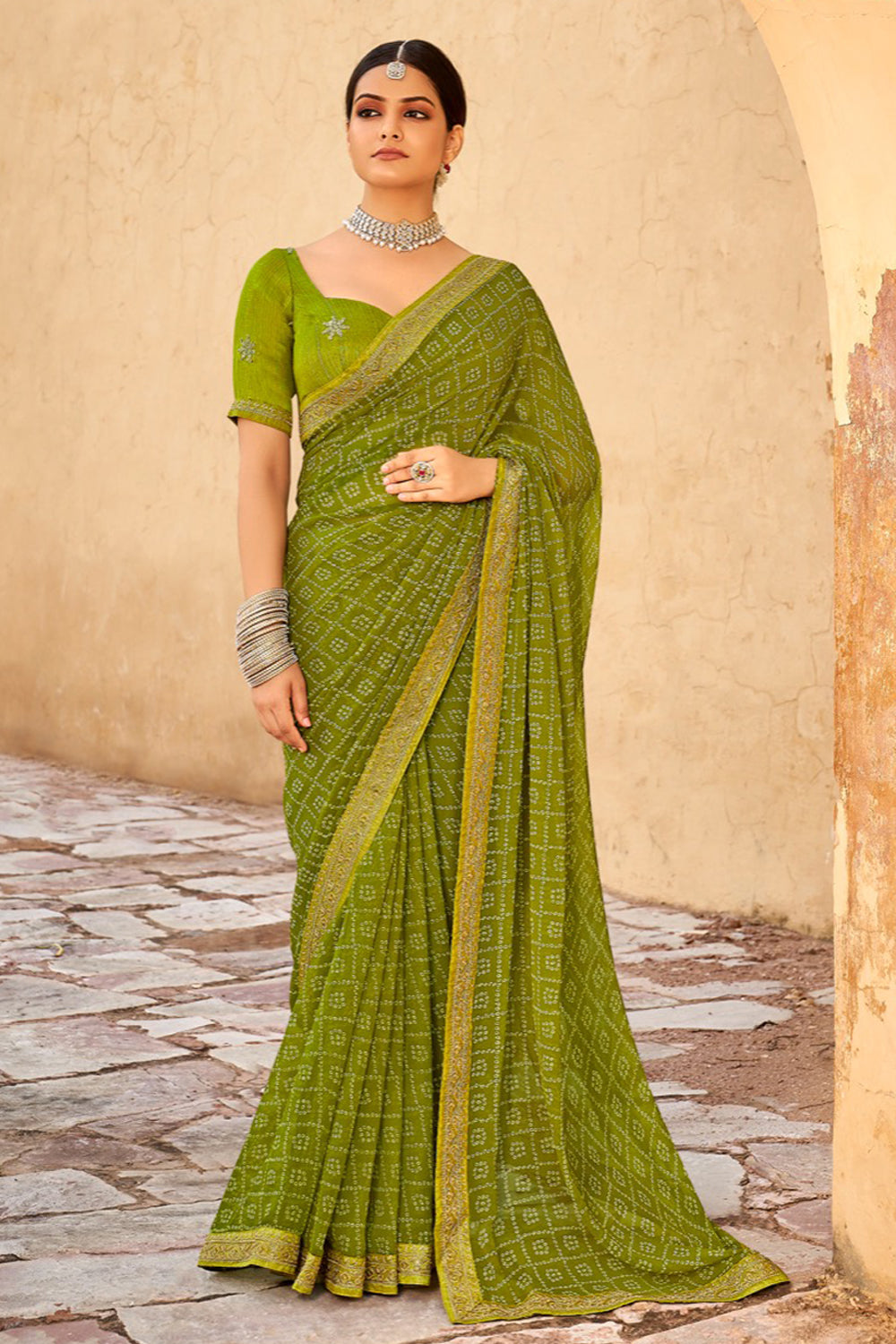 Mehndi Green Bandhani Design Silk Saree With Embroidery Work Blouse